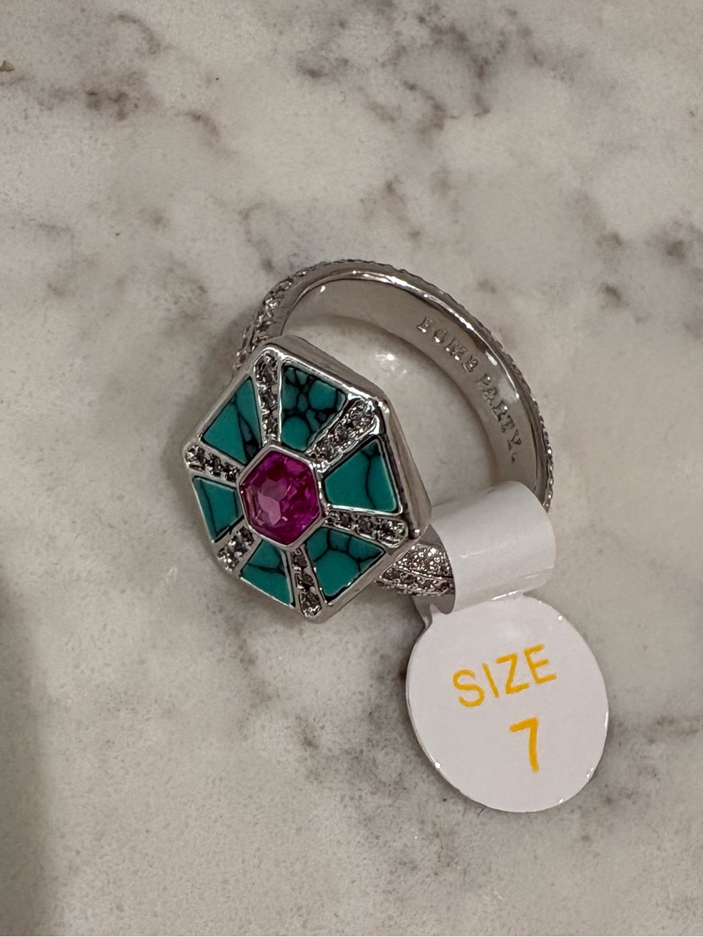 Bomb Party The Brielle Ring- Turquoise/Rhodium Playing Ring - Size 7
